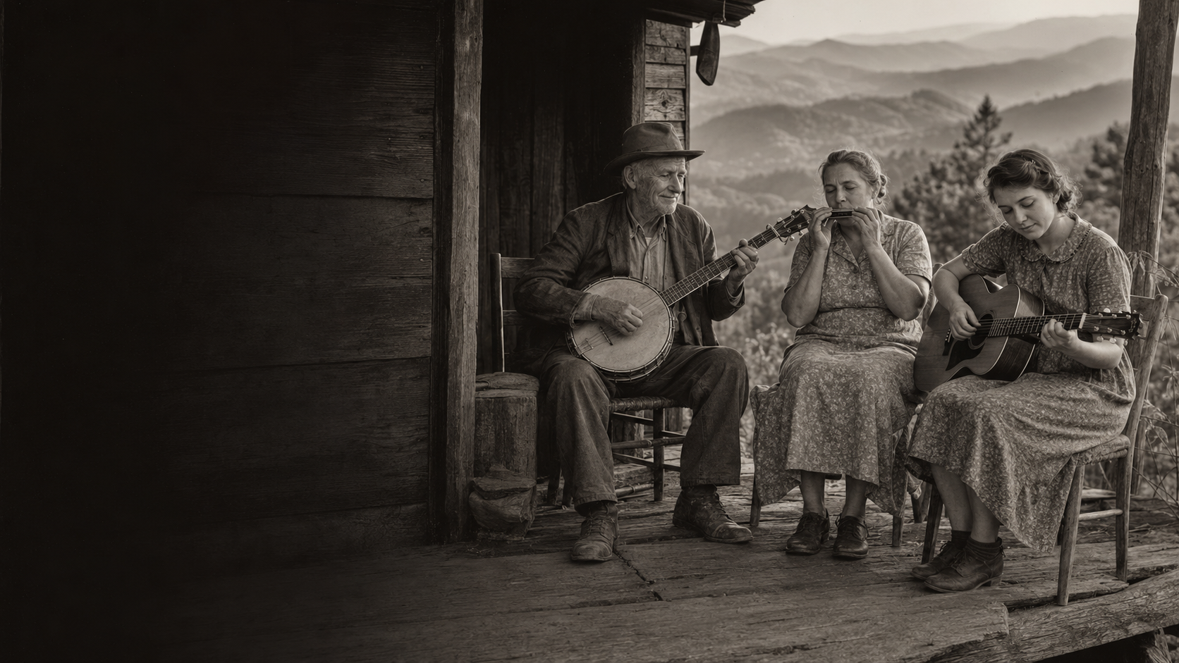 Appalachian gospel musicians playing together on a wooden mountain porch
